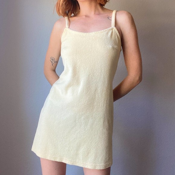 Vintage 1980s/90s Light Pastel Yellow Terry Cloth Mini Dress Swim Coverup - Picture 5 of 7